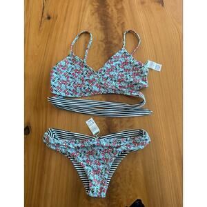 L*Space Chloe Black White Blue Floral Wrap Reversible Bikini Small S Swimsuit